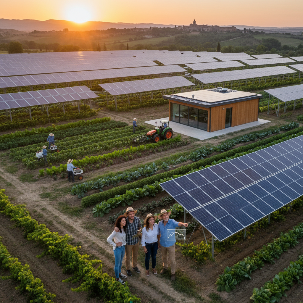Pannelli solari in un campo agricolo, simbolo di agrivoltaico e energia pulita