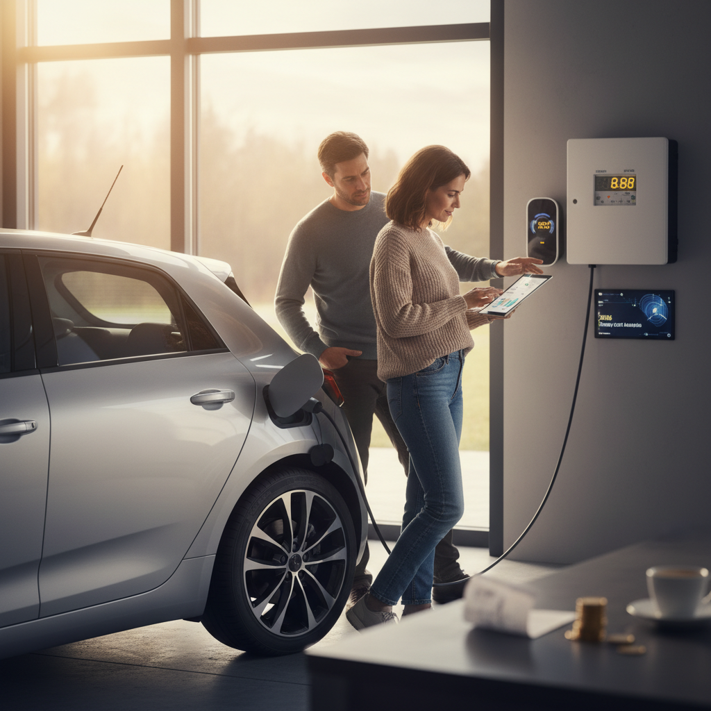 Colonnina di ricarica domestica per auto elettrica, con pannelli fotovoltaici sul tetto di una casa