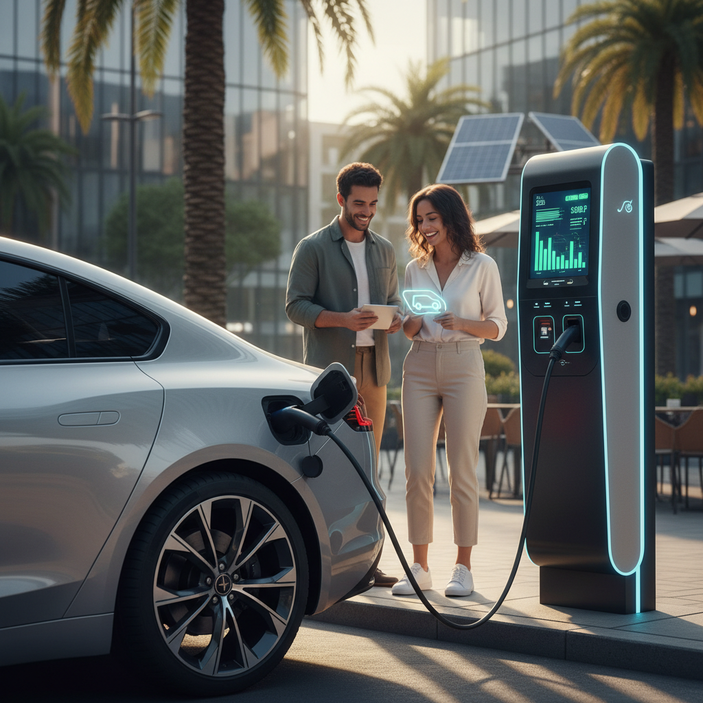 Auto elettrica in carica a una colonnina con pannelli solari sullo sfondo