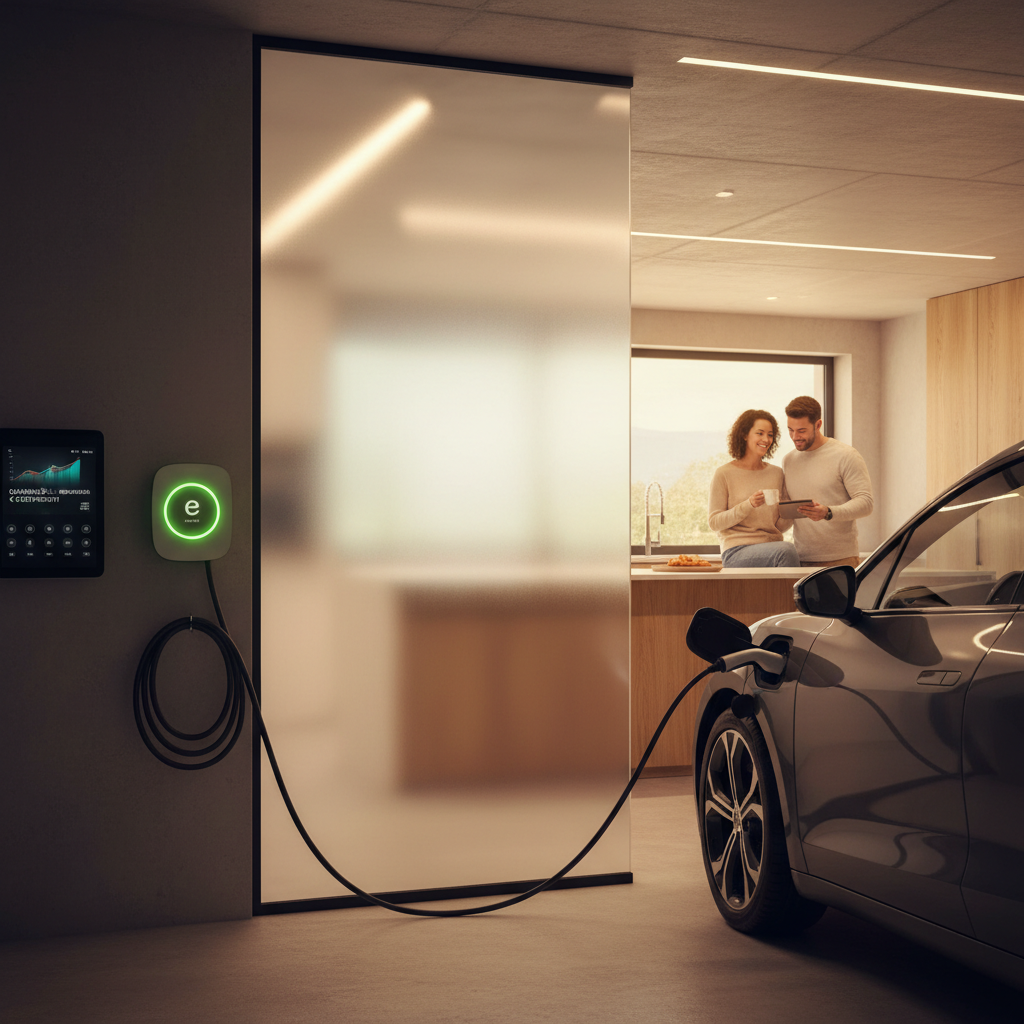 Famiglia che ricarica l'auto elettrica in garage di casa Felice