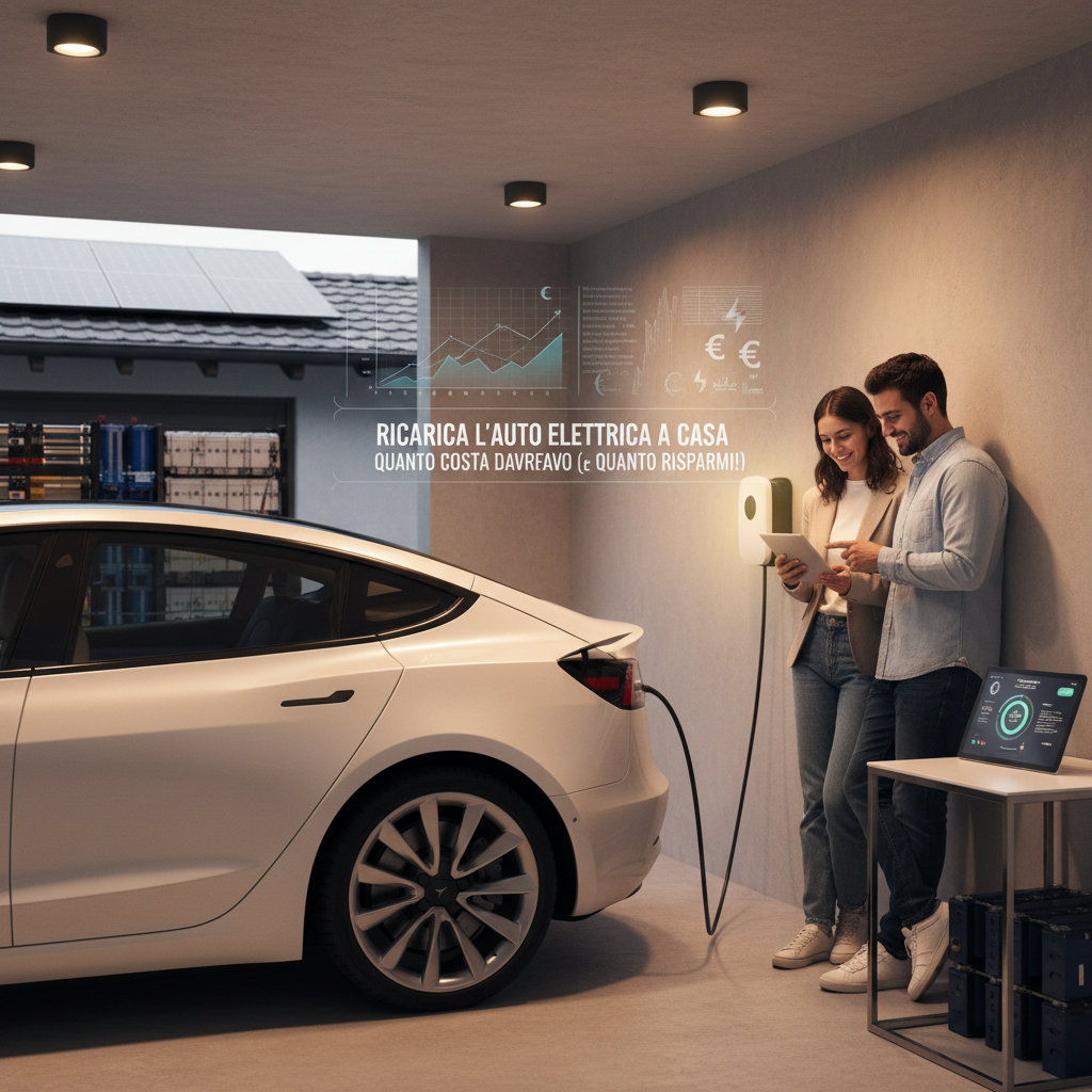 Auto elettrica in ricarica presso una colonnina domestica, con indicazione del costo per kWh