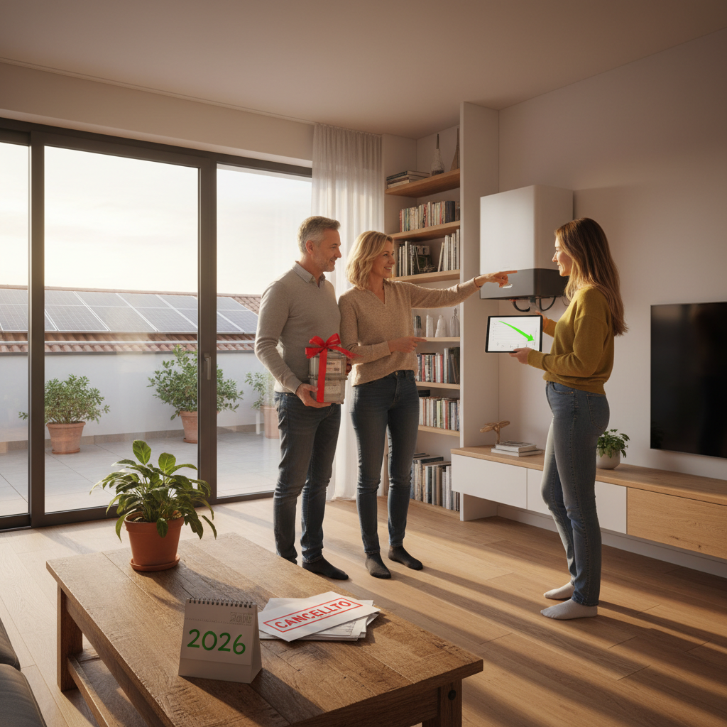 Famiglia sorridente in una casa moderna con pannelli solari e pompa di calore