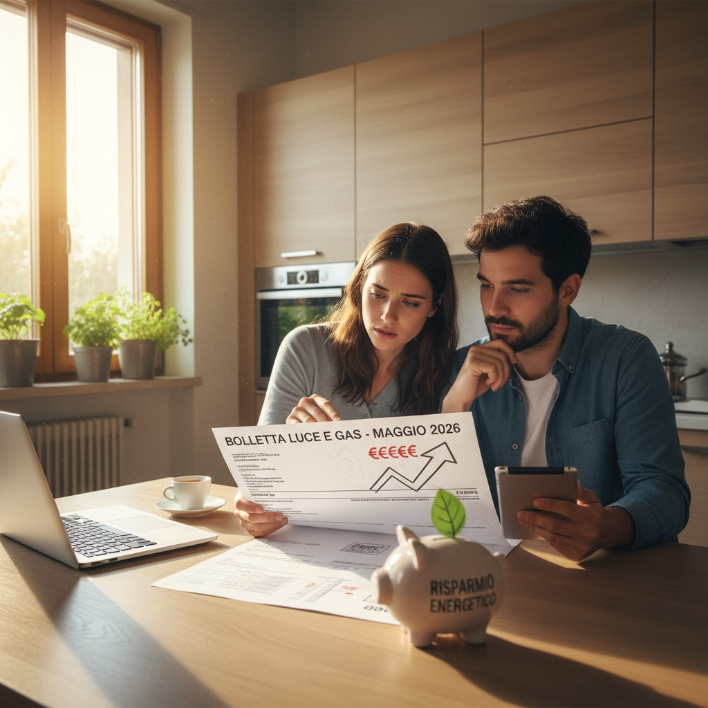 Famiglia che guarda preoccupata una bolletta della luce, con grafici di spese che scendono e frecce verdi che indicano risparmio.