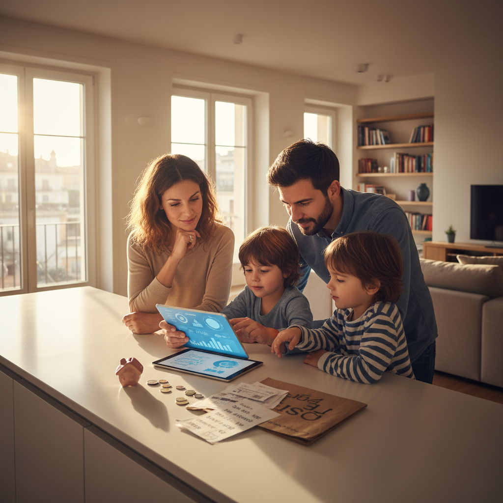 Famiglia che discute della bolletta con calma e sorriso