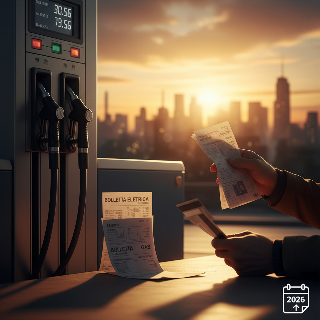 Pompa di benzina con freccia che indica aumento del prezzo e fattura di energia con segno di euro per aumento dei costi