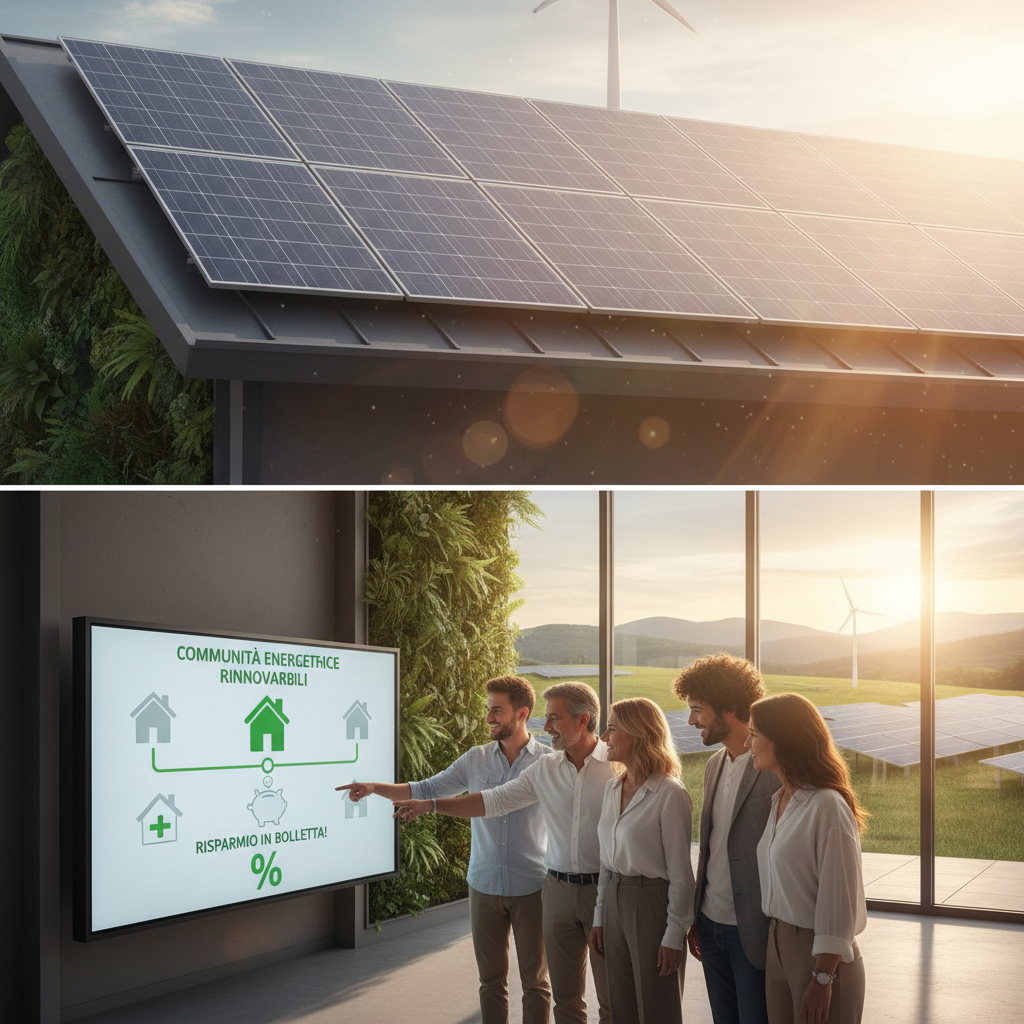 Famiglia sorridente che guarda un pannello solare, simbolo di risparmio energetico