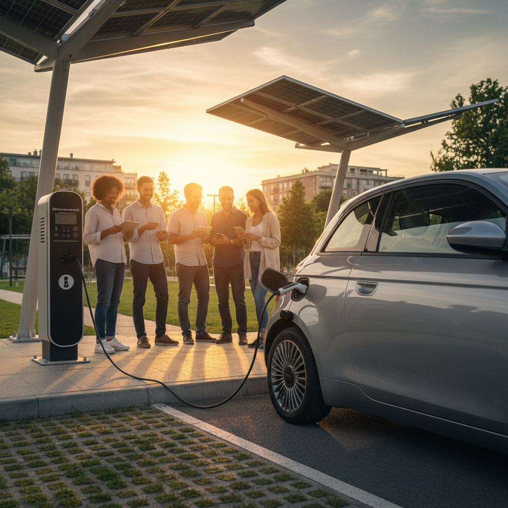 Pannelli solari e persone che discutono in una comunità energetica, con auto elettrica in ricarica visibile sullo sfondo.