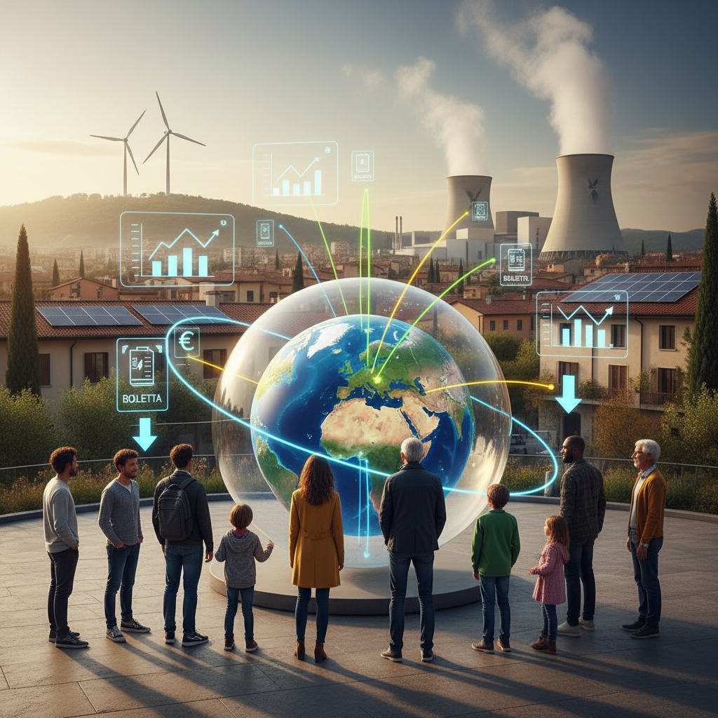 Pannelli solari sul tetto di una casa con persone che si tengono per mano, a simboleggiare una comunità energetica