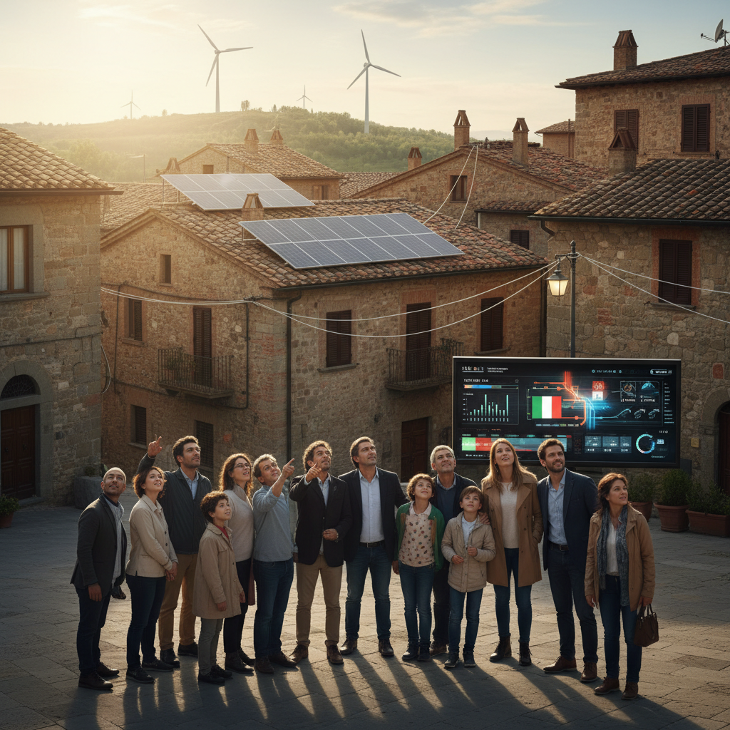 Pannelli solari su edifici in una città italiana che rappresentano una comunità energetica rinnovabile