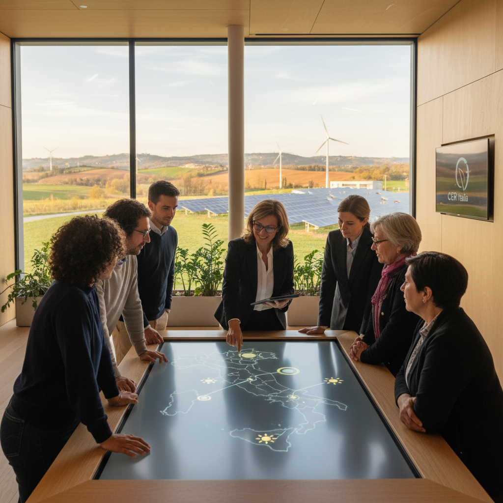 Pannelli solari e pale eoliche in un paesaggio rurale, simbolo delle comunità energetiche rinnovabili. Cittadini che interagiscono in un ambiente moderno e sostenibile.