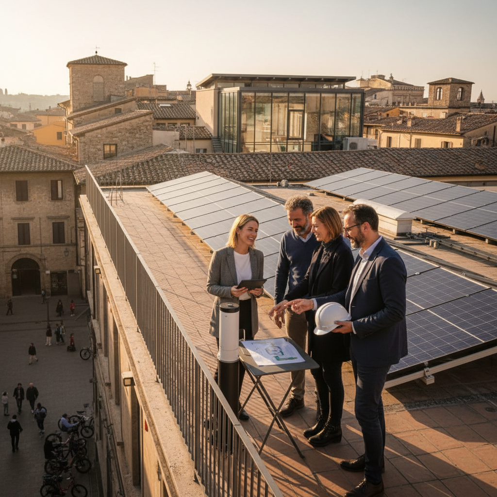 Pannelli fotovoltaici e smart grid simbolizzano le Comunità Energetiche Rinnovabili