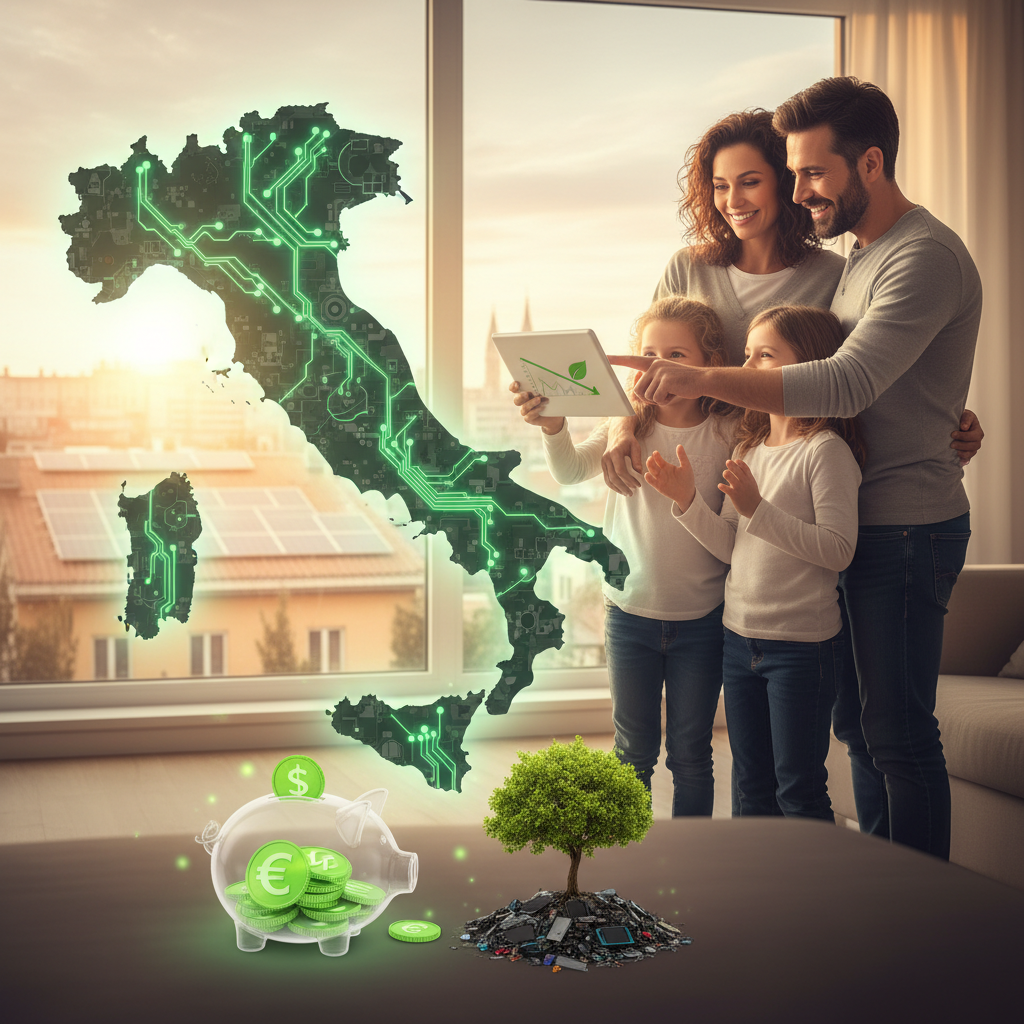Famiglia sorridente che osserva un pannello solare
