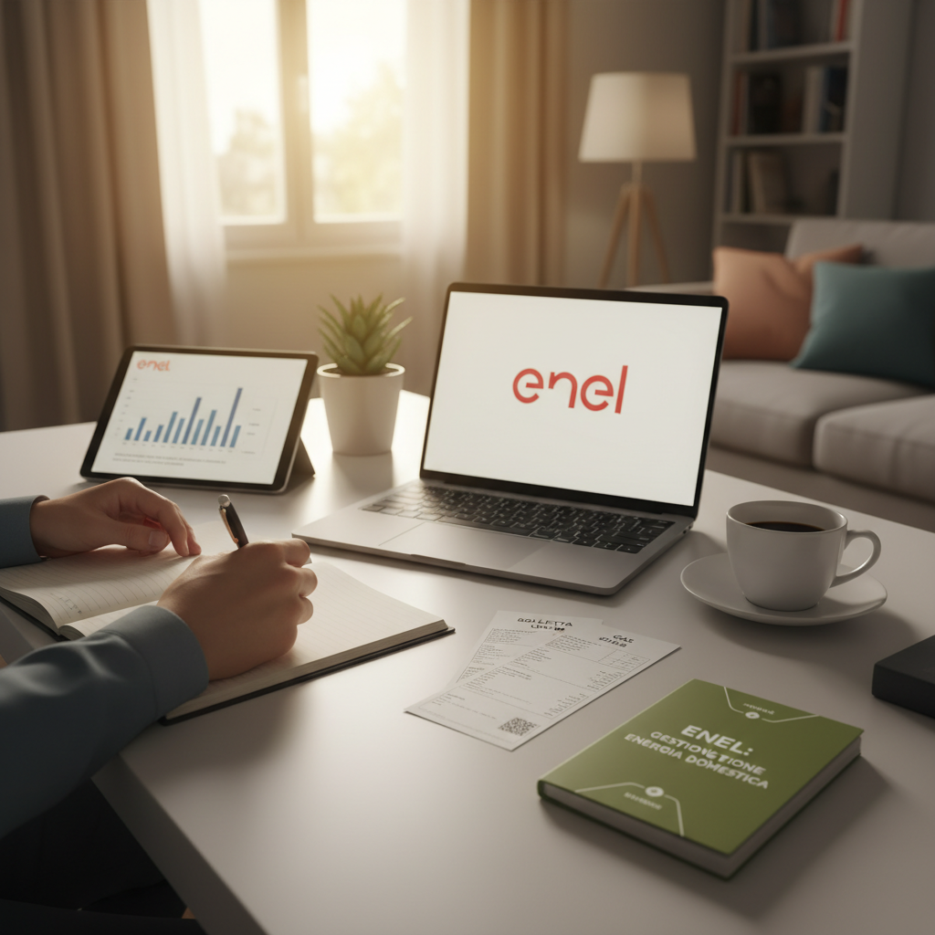 Famiglia che consulta una bolletta luce e gas con il logo Enel Energia in sottofondo