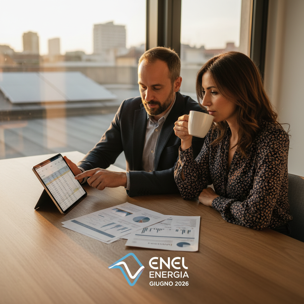 Coppia che studia preventivi di offerte luce e gas di Enel Energia sul tablet