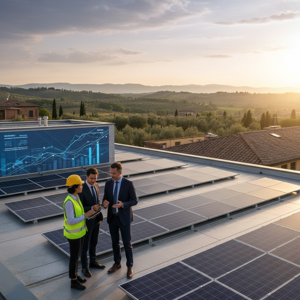 Pannelli fotovoltaici installati su un tetto di una casa moderna con il sole