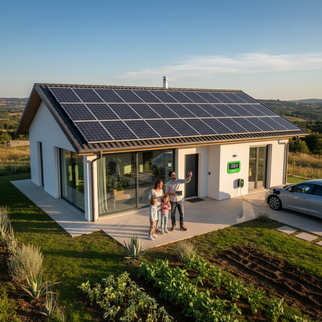 Pannelli fotovoltaici sul tetto di una casa con il sole che splende