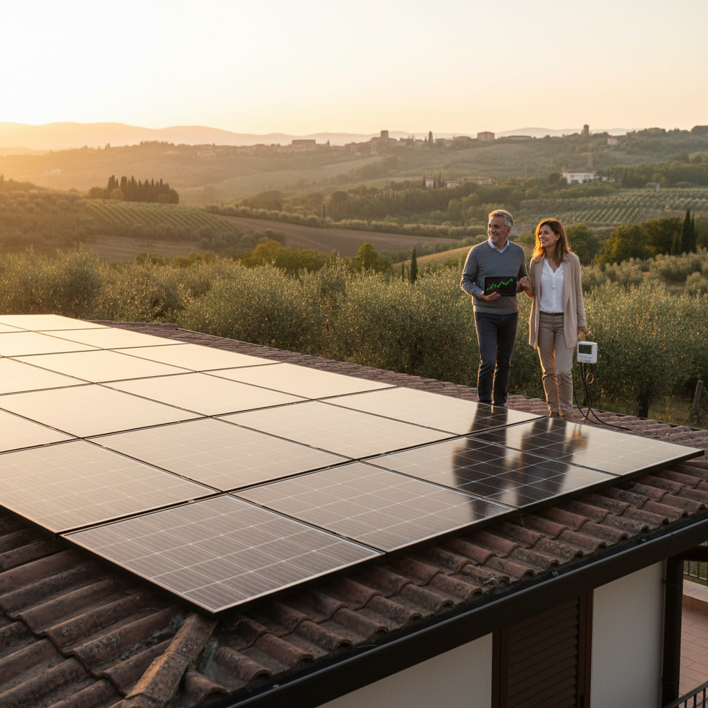Pannelli fotovoltaici su un tetto, con il sole sullo sfondo e una casa moderna