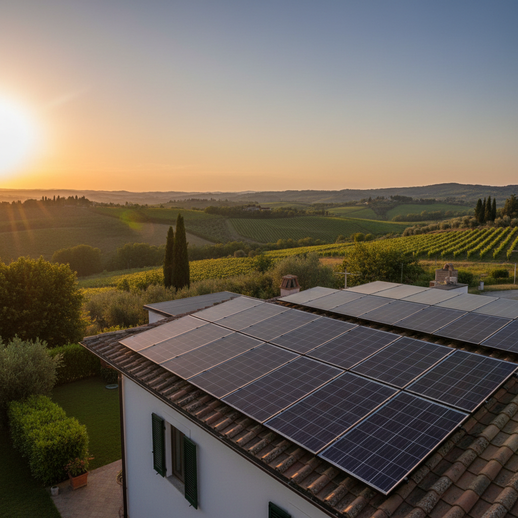 Pannelli fotovoltaici installati su un tetto residenziale al tramonto