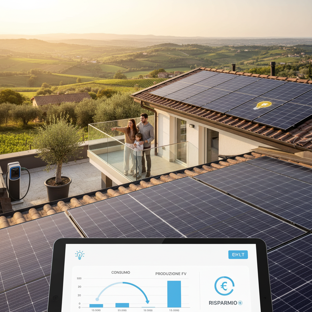 Pannelli fotovoltaici su tetto di una casa con il sole che splende