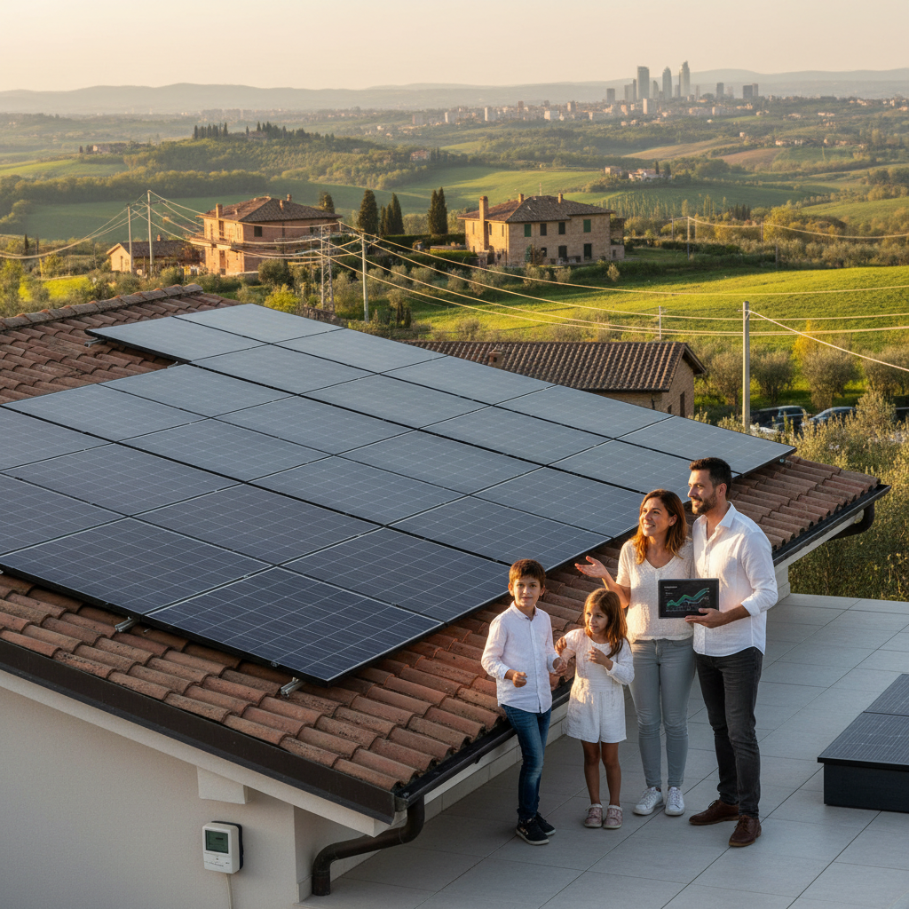 Pannelli fotovoltaici su un tetto pulito e moderno al tramonto