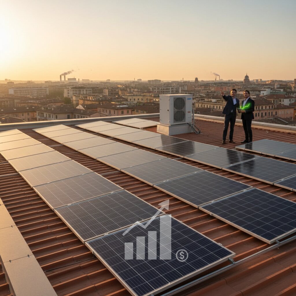 Pannelli fotovoltaici su un tetto aziendale al tramonto
