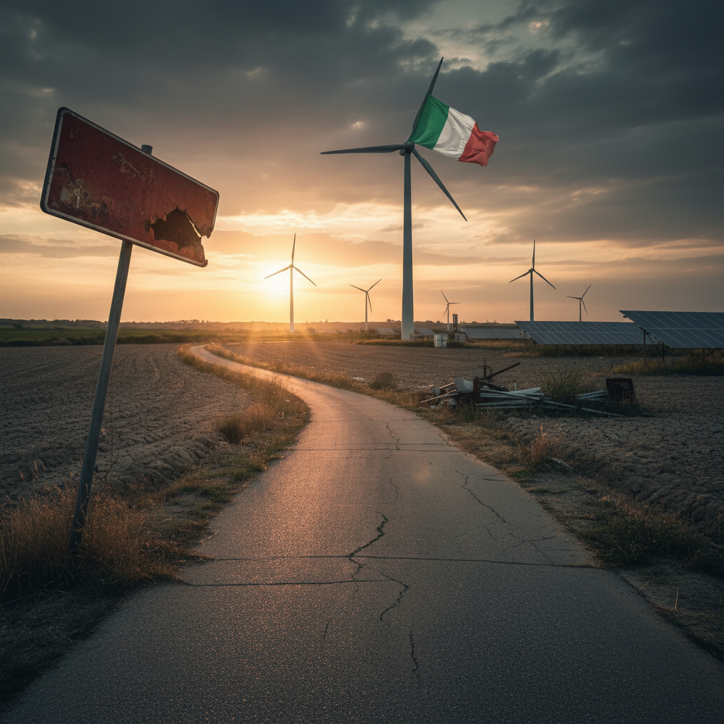 Pannelli solari e turbine eoliche in un paesaggio italiano