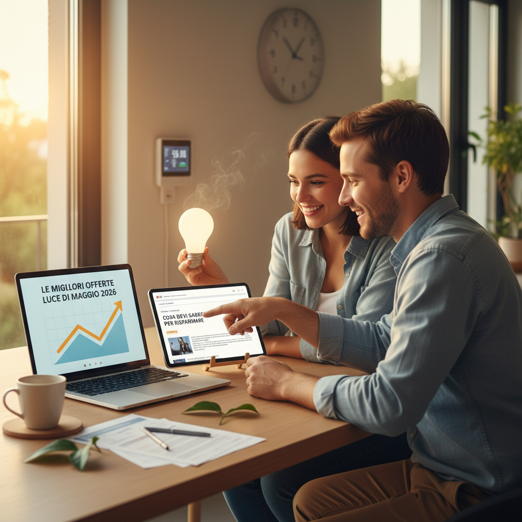 Famiglia sorridente sul divano con un computer portatile, simbolo di ricerca online per il risparmio