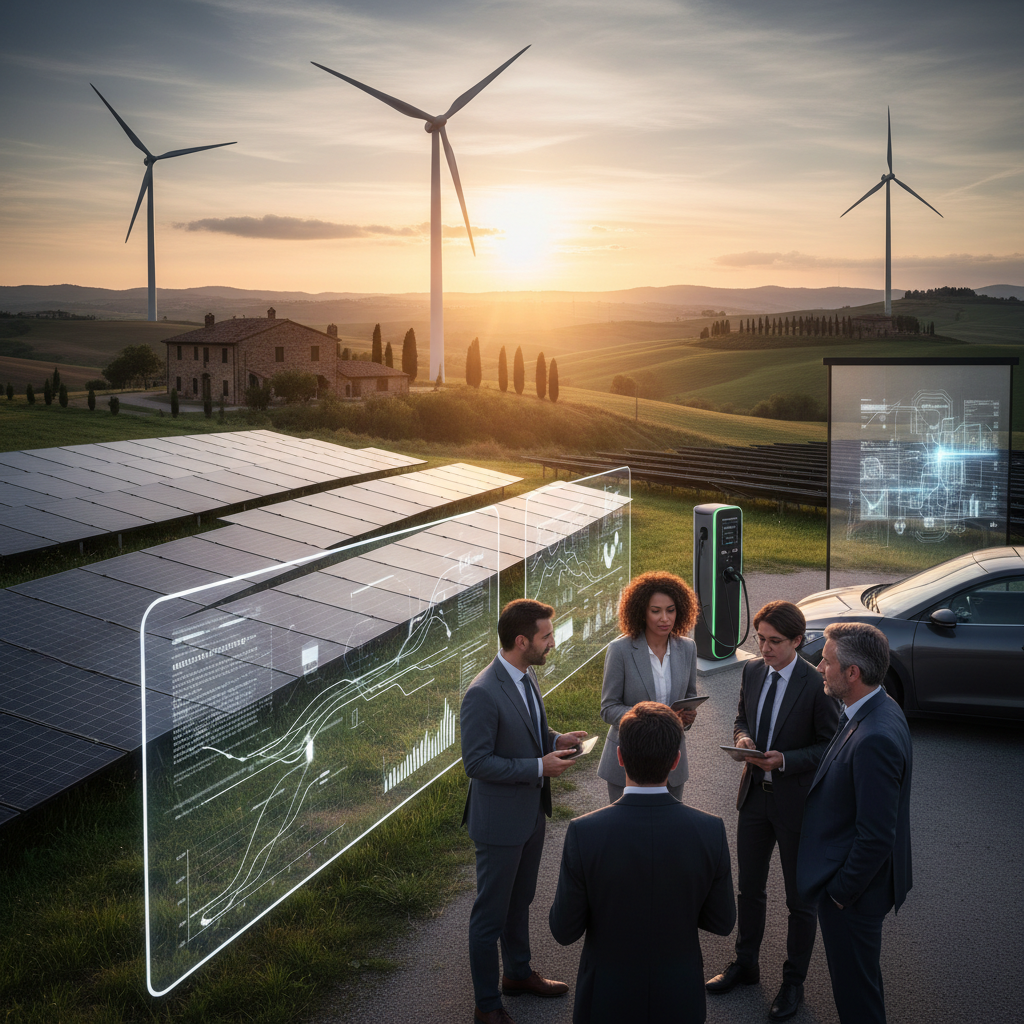 Impianto fotovoltaico su tetto industriale con cielo sereno e sole
