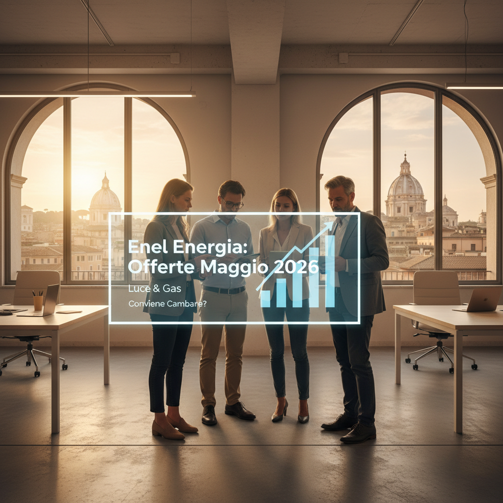 Famiglia sorridente che esamina una bolletta con il logo di Enel Energia