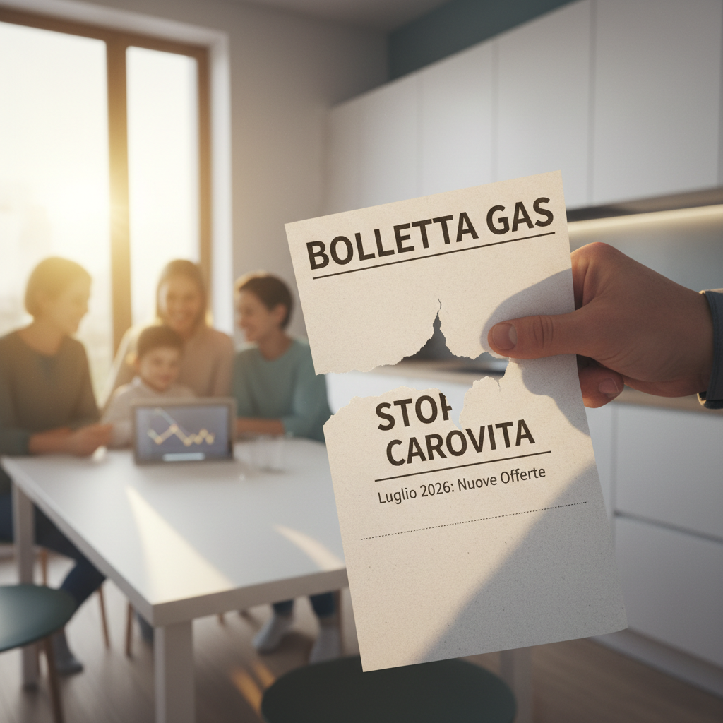 Famiglia che discute della bolletta del gas sul divano di casa, con un tablet in mano