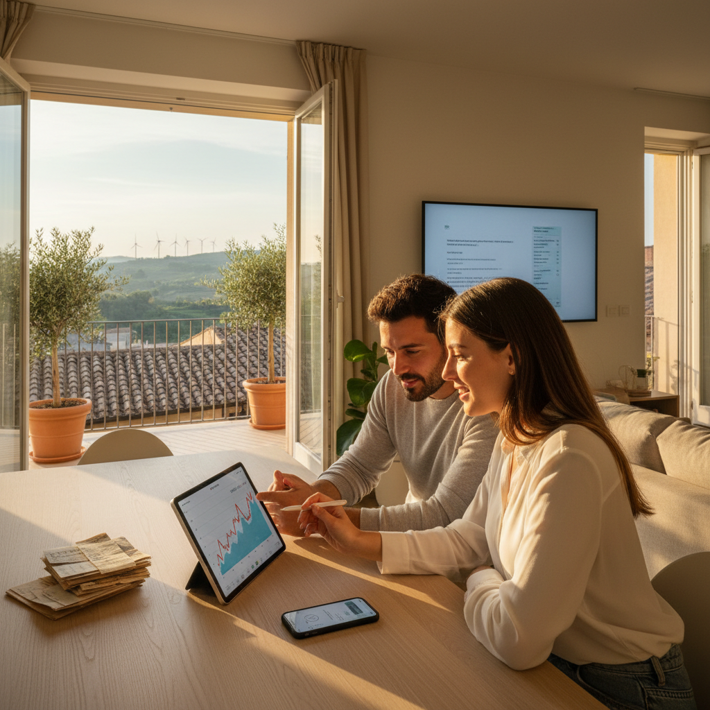 Donna che guarda il display di uno smartphone con grafici di risparmio energetico
