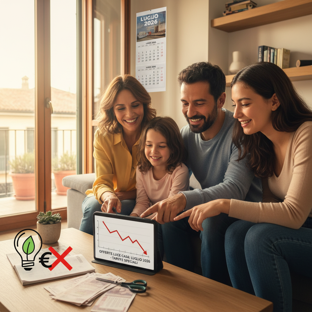 Famiglia sorridente che guarda la bolletta della luce e celebra il risparmio