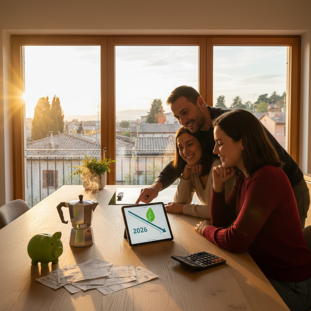 Famiglia italiana che sorride davanti al laptop analizzando la bolletta