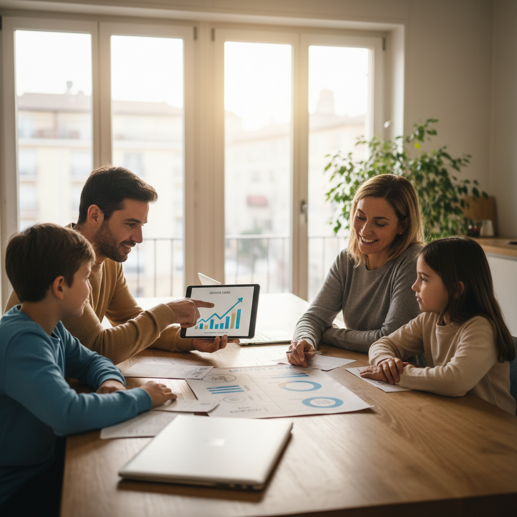 Famiglia che discute della bolletta della luce e gas a casa
