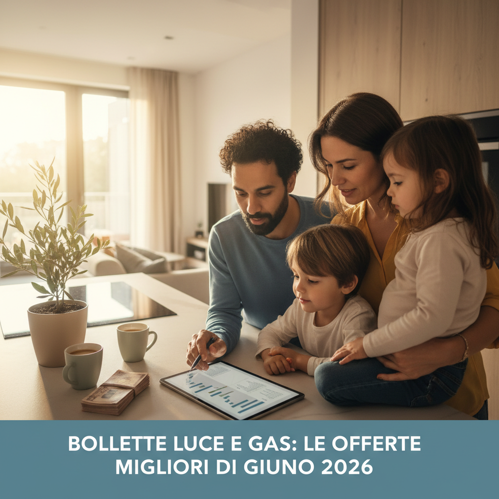 Famiglia sorridente che controlla la bolletta della luce su un tablet