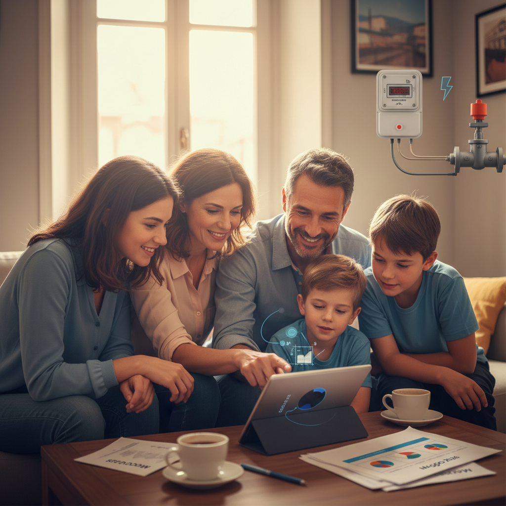 Famiglia italiana che guarda la bolletta della luce e del gas