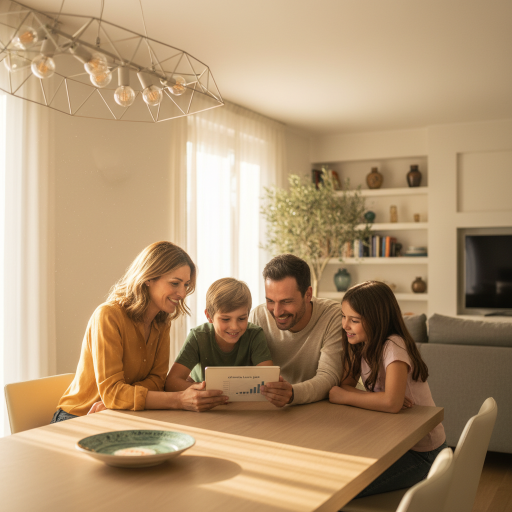 Famiglia italiana che consulta un contatore smart per il risparmio energetico