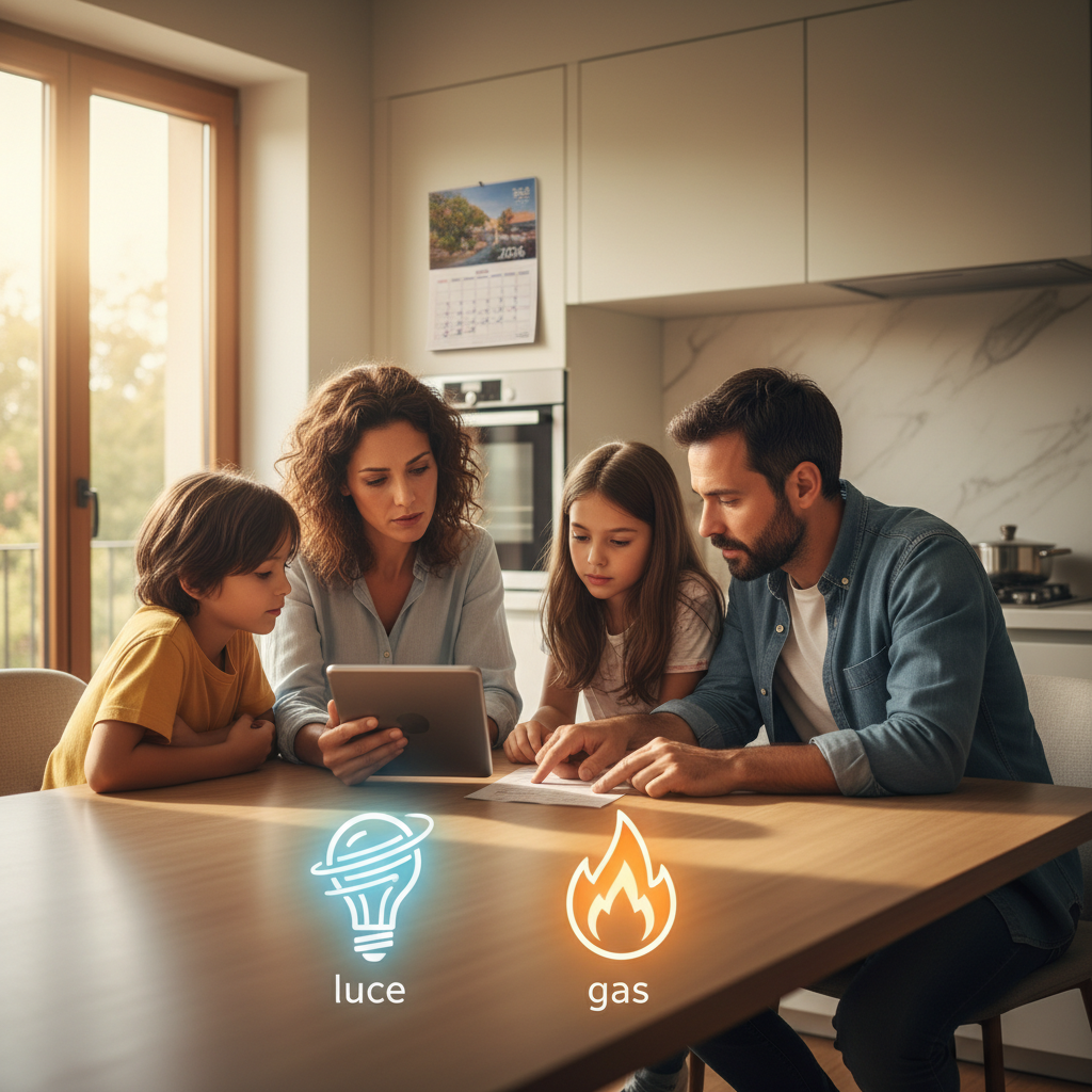 Famiglia sorridente controlla la bolletta di luce e gas