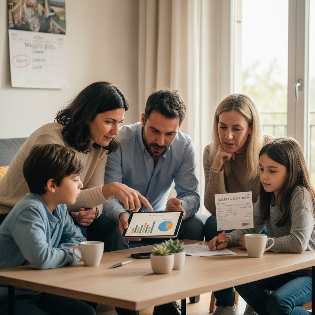 Famiglia sorridente che guarda la bolletta della luce con soddisfazione