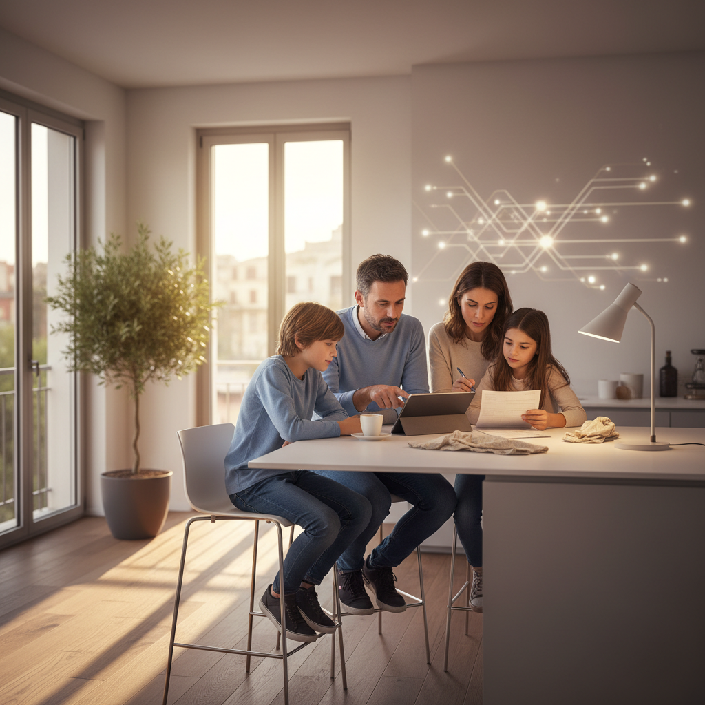 Famiglia che esamina una bolletta della luce con il sorriso