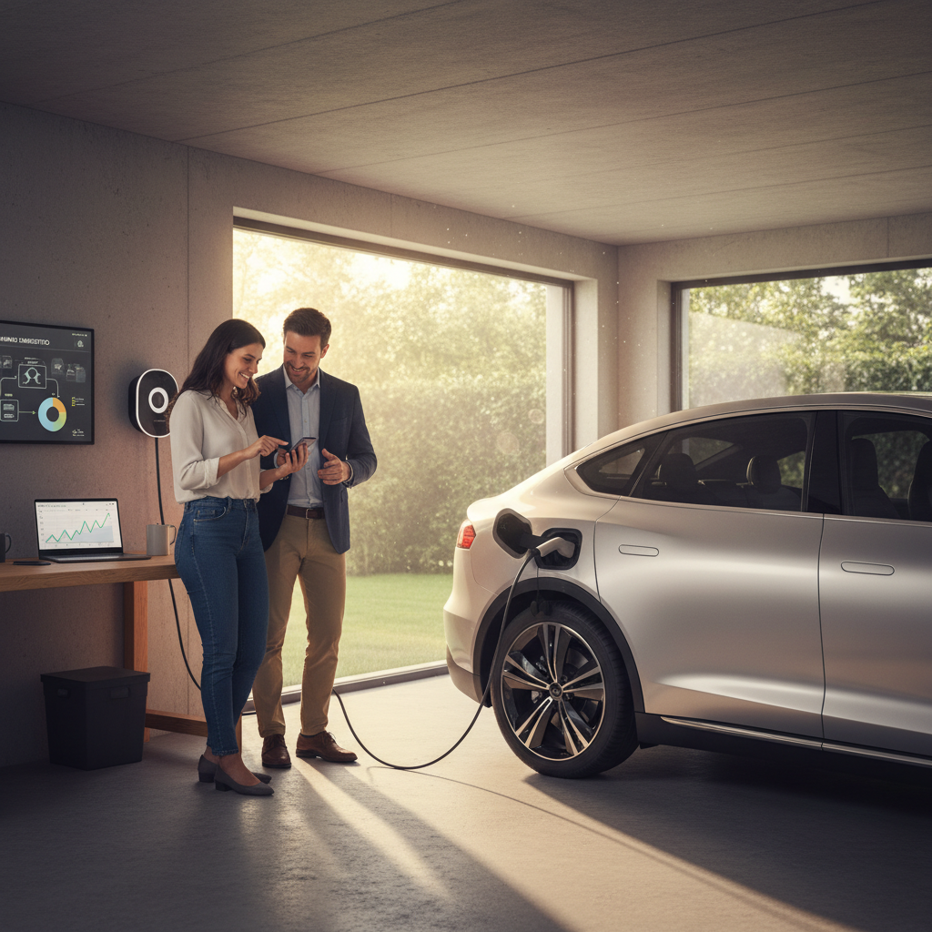 Donna che ricarica un'auto elettrica a casa con un cavo e una wallbox